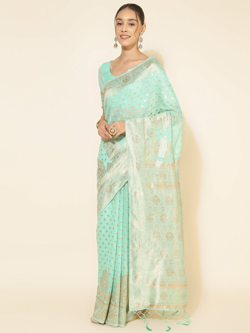 Janasya Sea Green Chanderi Silk Polka Design Woven Design Saree | Grocsy