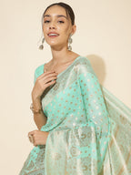 Janasya Sea Green Chanderi Silk Polka Design Woven Design Saree | Grocsy