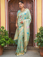Janasya Sea Green Banarasi Silk Woven Floral Design Banarasi Saree | Grocsy