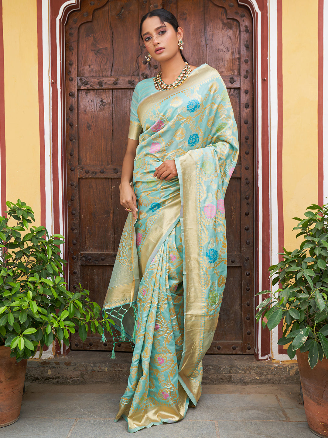 Janasya Sea Green Banarasi Silk Woven Floral Design Banarasi Saree | Grocsy