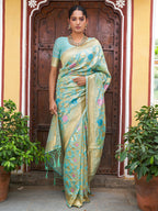 Janasya Sea Green Banarasi Silk Woven Floral Design Banarasi Saree | Grocsy