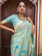 Janasya Sea Green Banarasi Silk Woven Floral Design Banarasi Saree | Grocsy