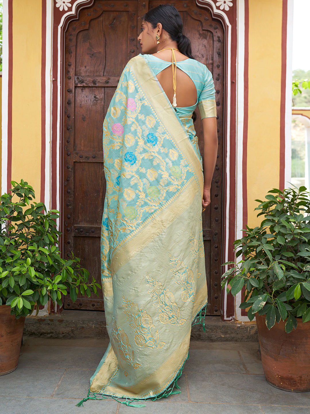 Janasya Sea Green Banarasi Silk Woven Floral Design Banarasi Saree | Grocsy