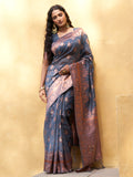 Janasya Dark Grey Chanderi Silk Ethnic Motifs Woven Design Saree | Grocsy