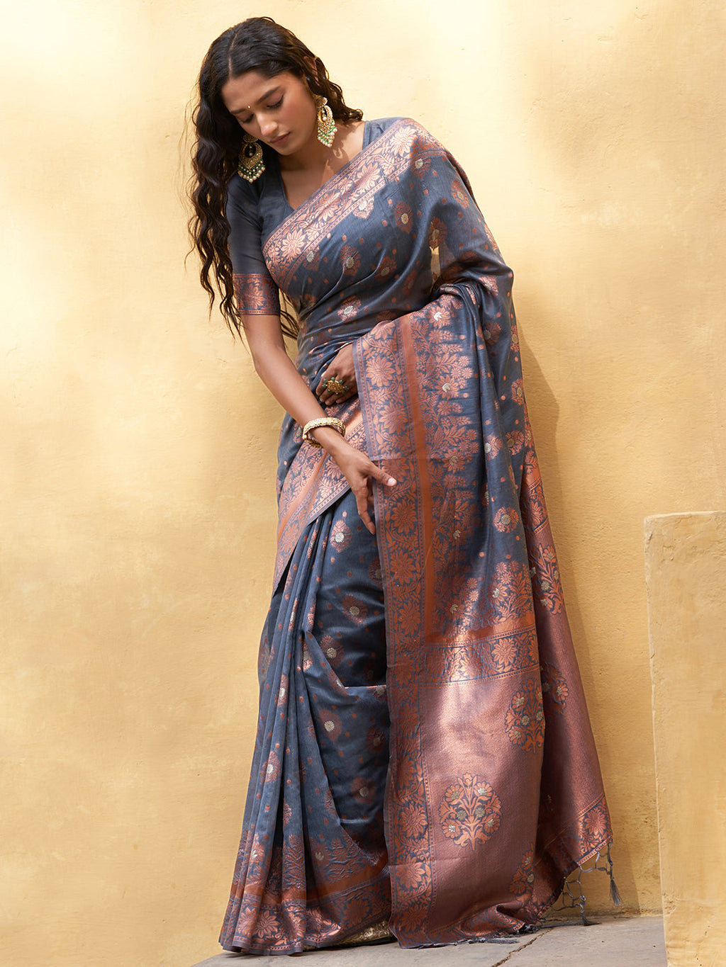 Janasya Dark Grey Chanderi Silk Ethnic Motifs Woven Design Saree | Grocsy