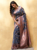 Janasya Dark Grey Chanderi Silk Ethnic Motifs Woven Design Saree | Grocsy