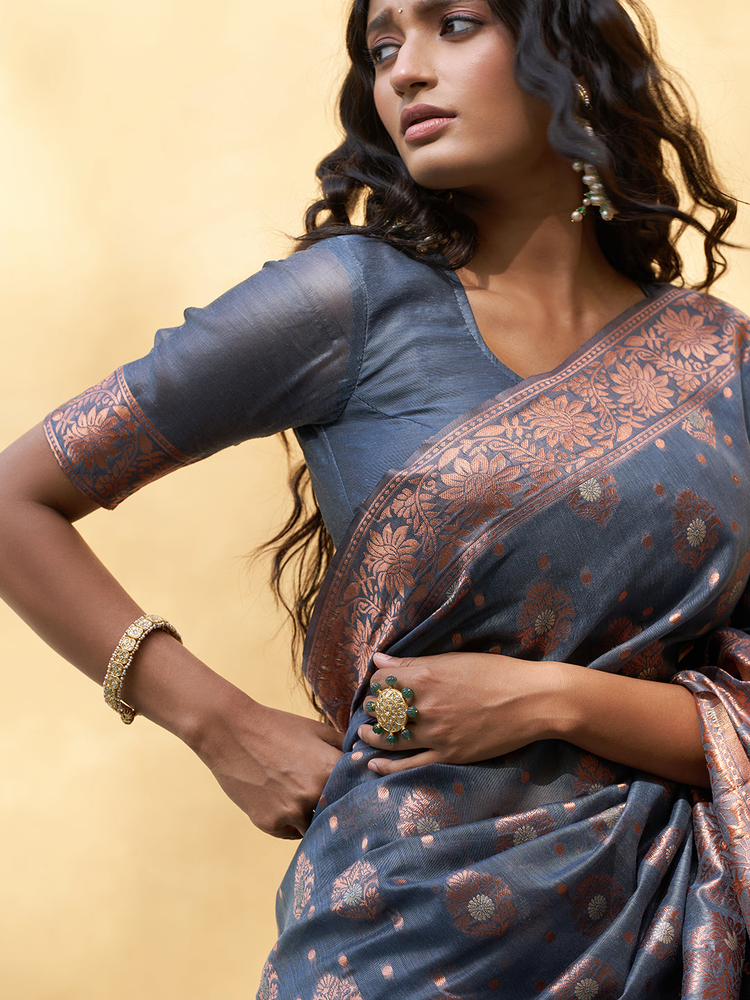 Janasya Dark Grey Chanderi Silk Ethnic Motifs Woven Design Saree | Grocsy