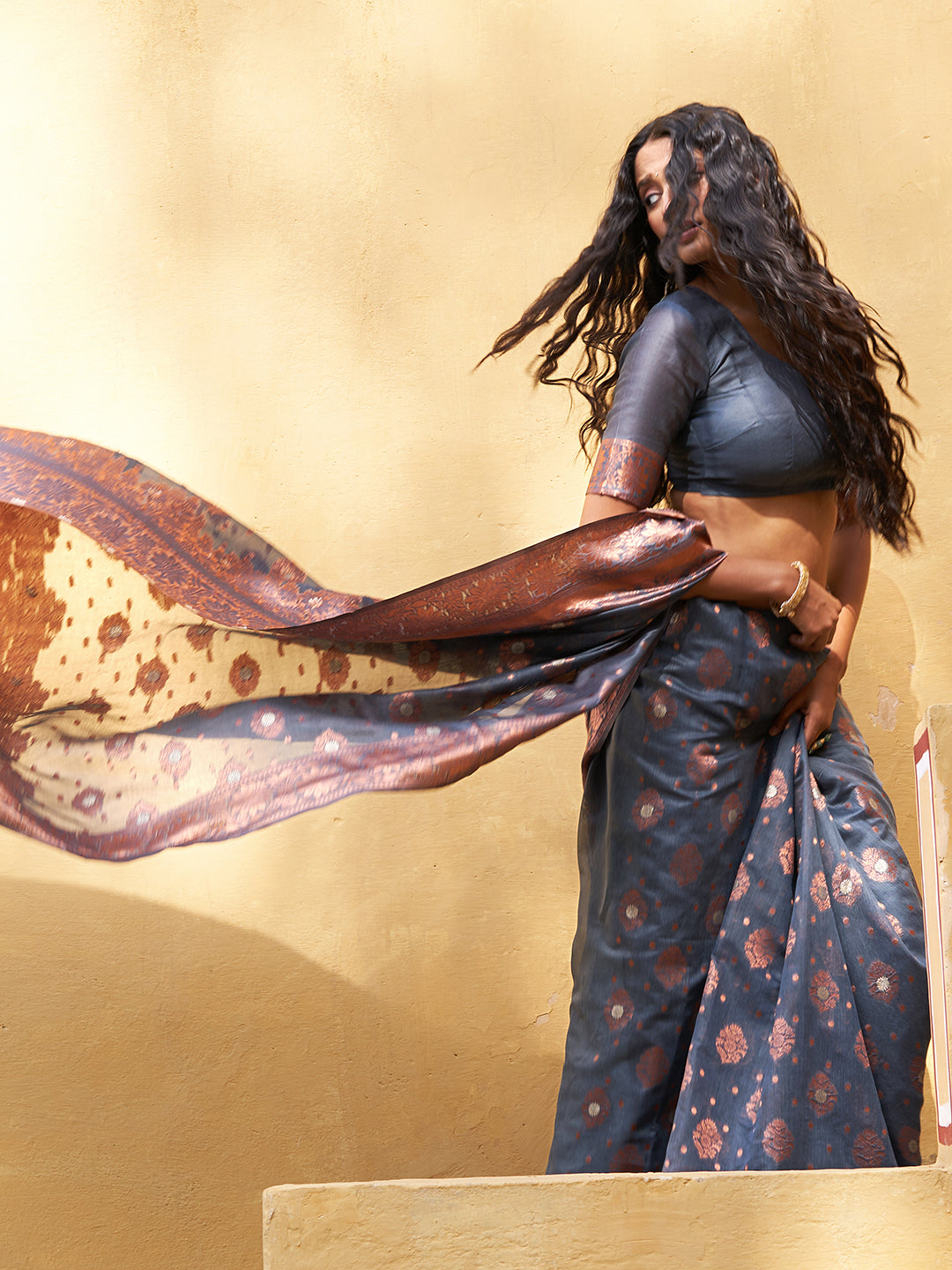 Janasya Dark Grey Chanderi Silk Ethnic Motifs Woven Design Saree | Grocsy