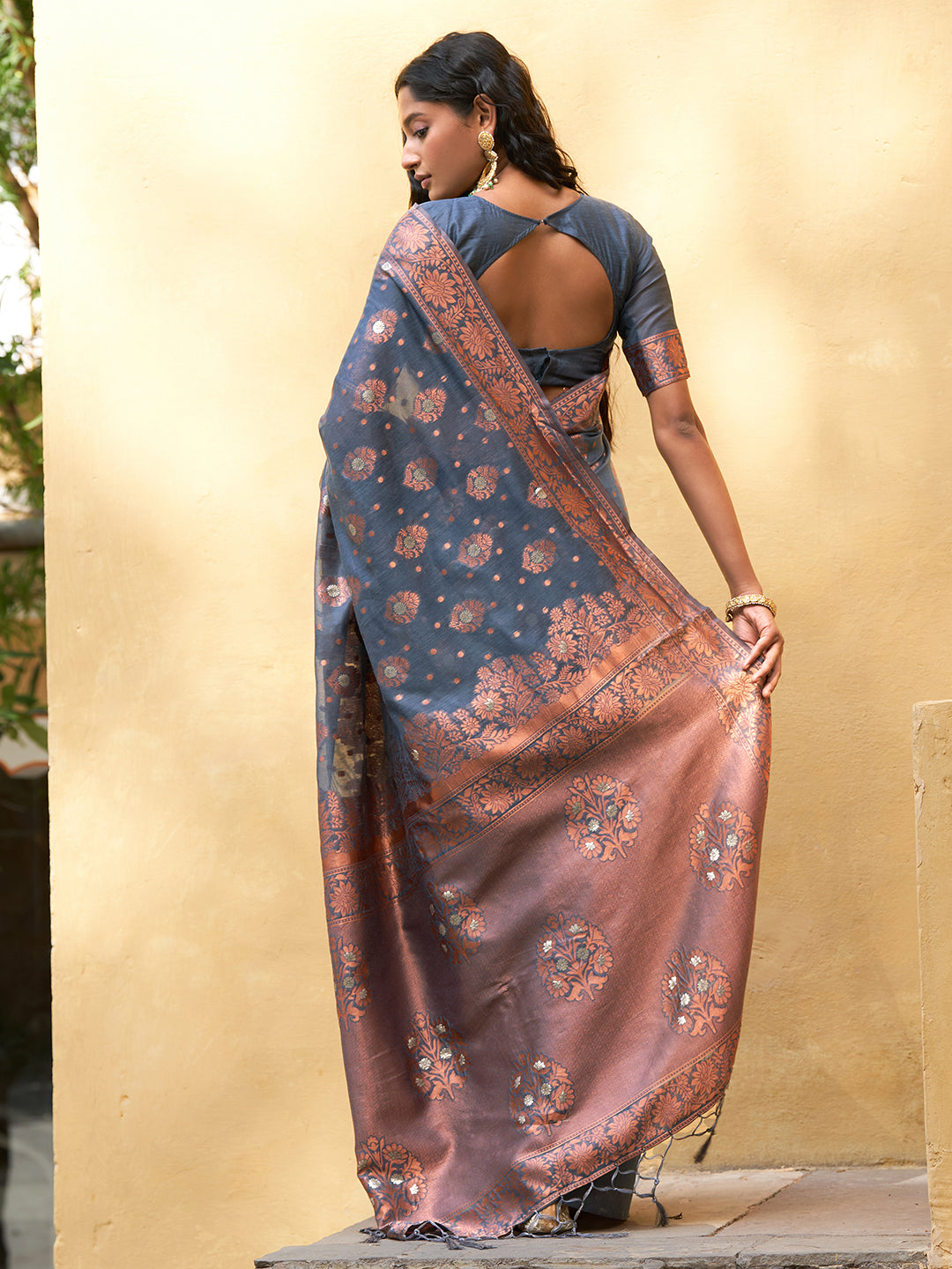 Janasya Dark Grey Chanderi Silk Ethnic Motifs Woven Design Saree | Grocsy