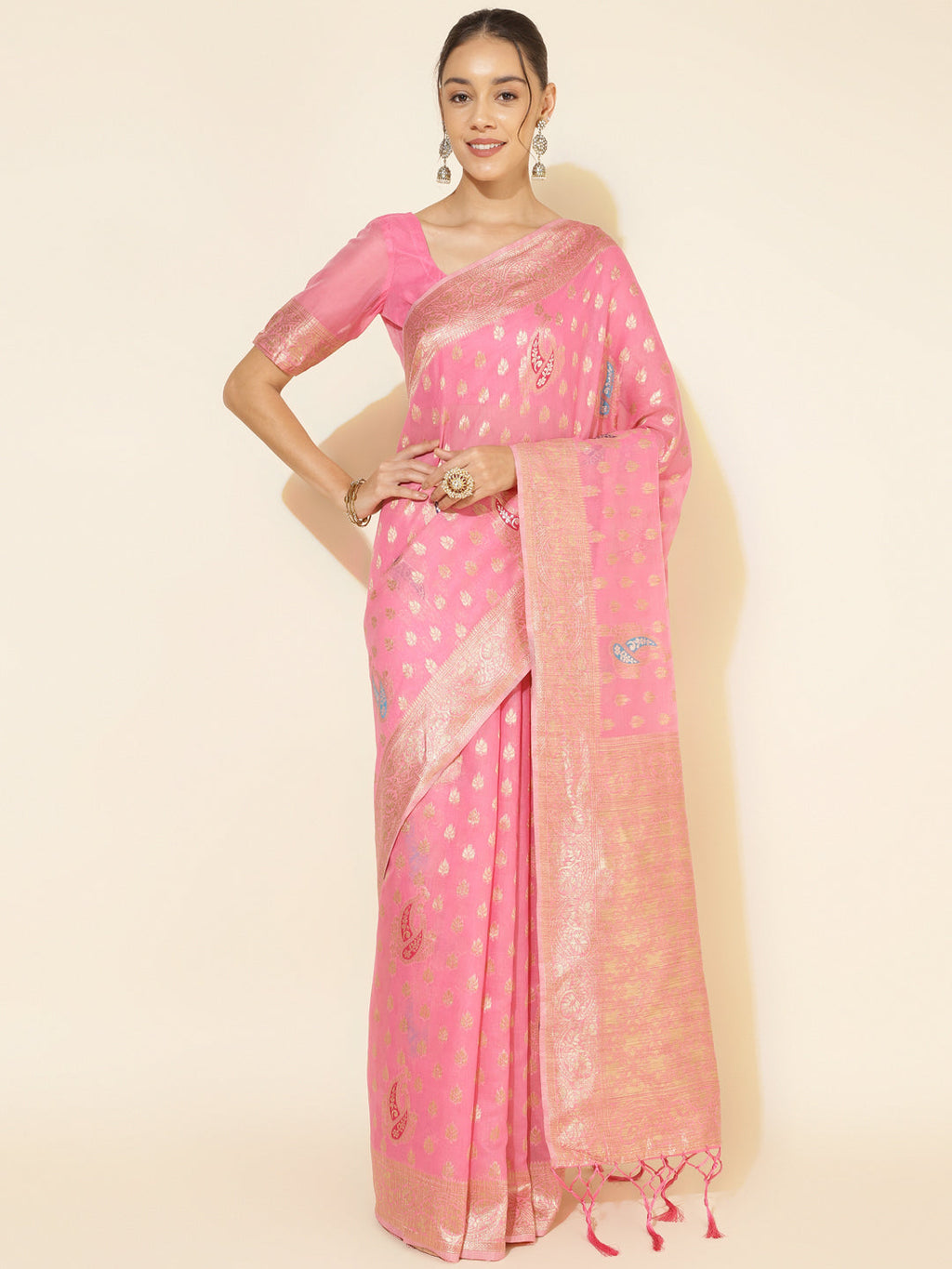 Janasya Light Pink Chanderi Silk Ethnic Motifs Woven Design Saree | Grocsy