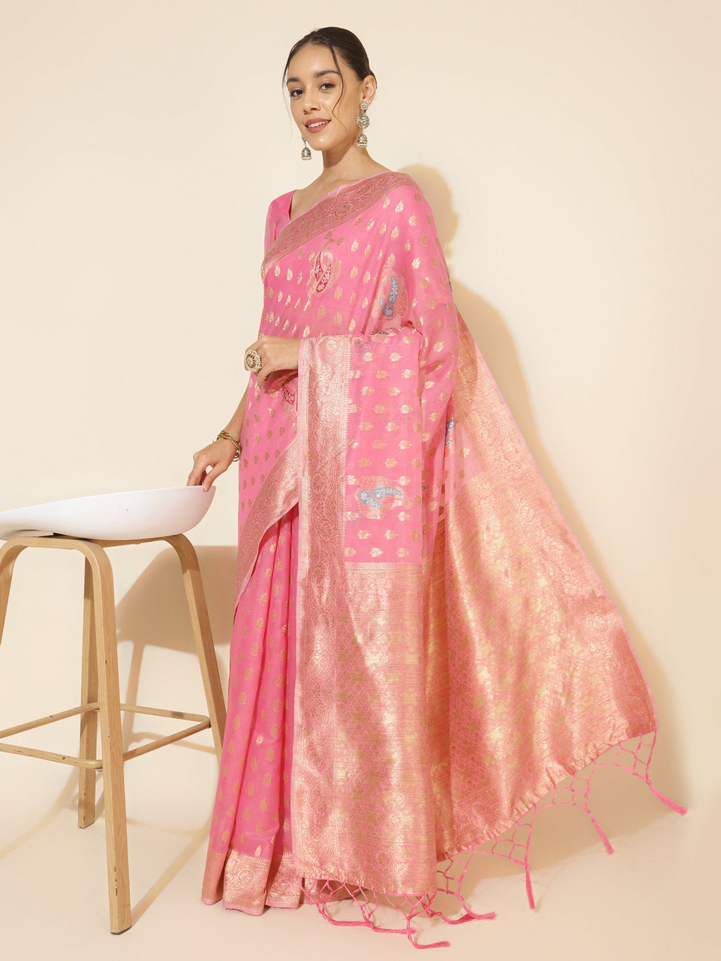 Janasya Light Pink Chanderi Silk Ethnic Motifs Woven Design Saree | Grocsy