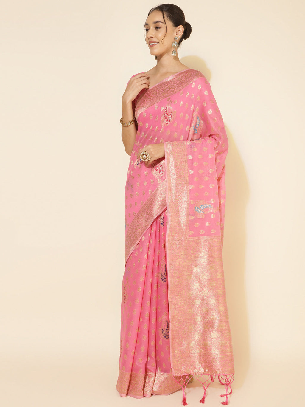 Janasya Light Pink Chanderi Silk Ethnic Motifs Woven Design Saree | Grocsy