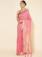 Janasya Light Pink Chanderi Silk Ethnic Motifs Woven Design Saree | Grocsy