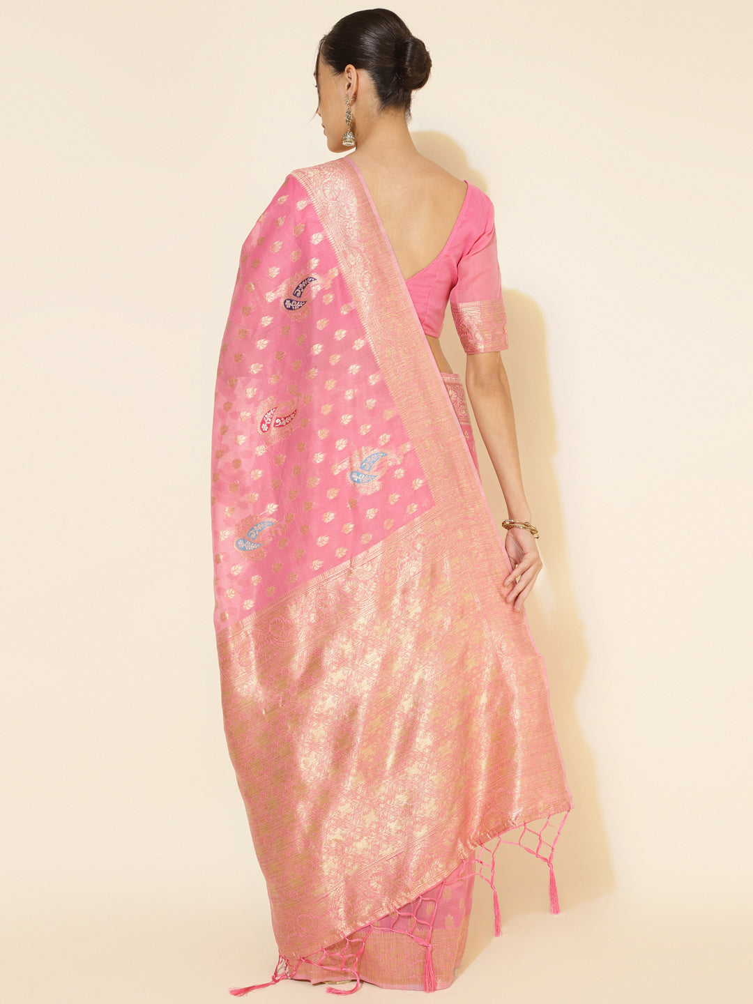 Janasya Light Pink Chanderi Silk Ethnic Motifs Woven Design Saree | Grocsy