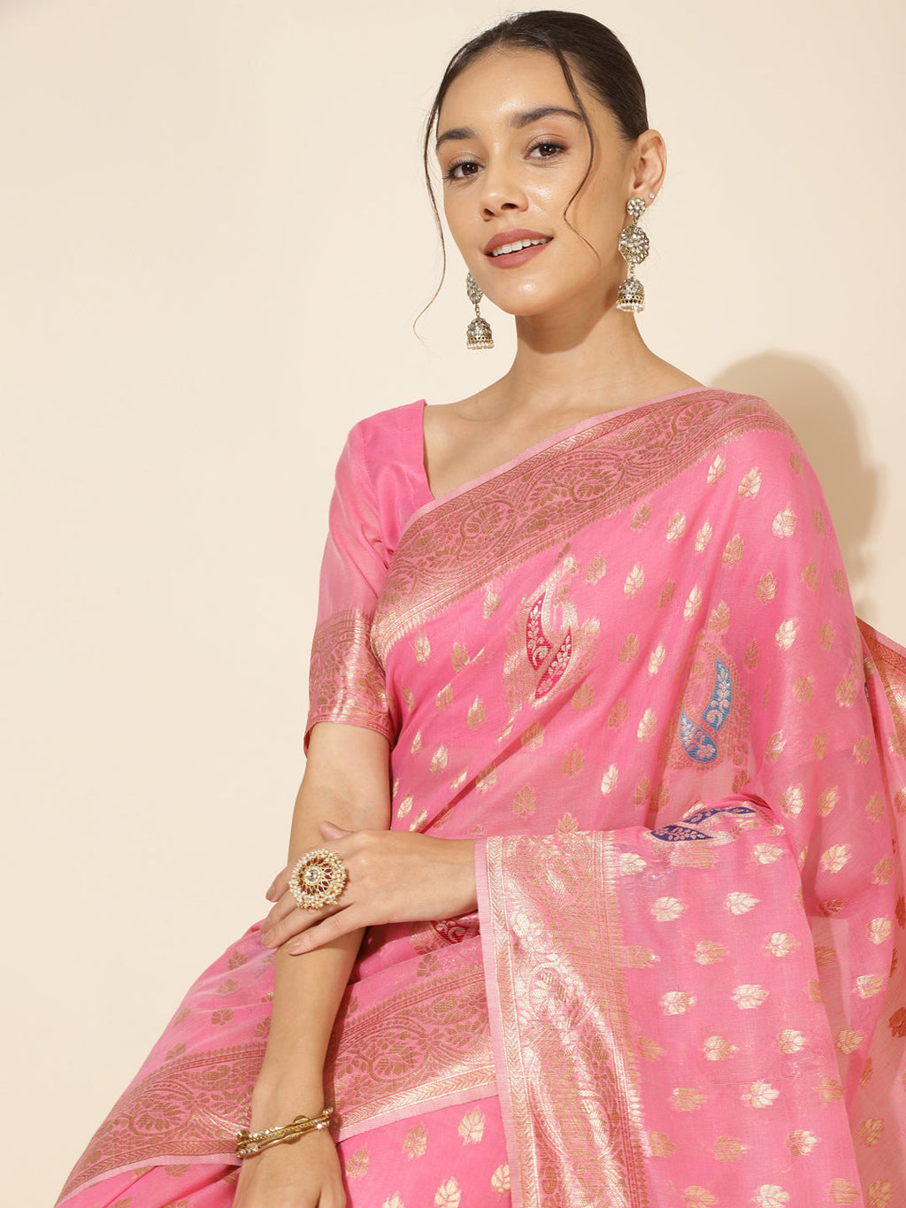 Janasya Light Pink Chanderi Silk Ethnic Motifs Woven Design Saree | Grocsy