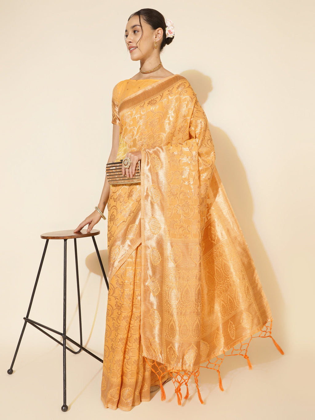 Janasya Light Yellow Chanderi Silk Woven Ethnic Motifs Chanderi Silk Saree | Grocsy