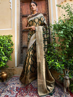 Janasya Bottle Green Organza Woven Ethnic Motifs Kanjeevaram Saree | Grocsy