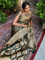 Janasya Bottle Green Organza Woven Ethnic Motifs Kanjeevaram Saree | Grocsy