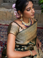 Janasya Bottle Green Organza Woven Ethnic Motifs Kanjeevaram Saree | Grocsy
