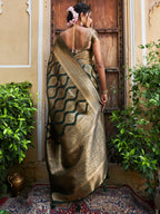 Janasya Bottle Green Organza Woven Ethnic Motifs Kanjeevaram Saree | Grocsy