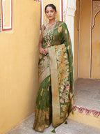 Janasya Mehendi Green Organza Woven Ethnic Kanjeevaram Saree | Grocsy