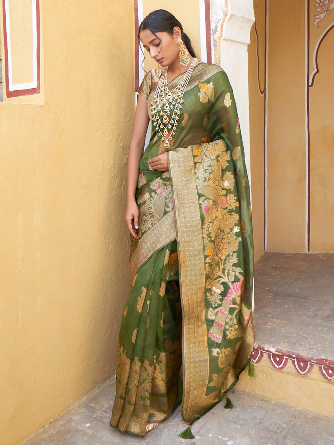 Janasya Mehendi Green Organza Woven Ethnic Kanjeevaram Saree | Grocsy