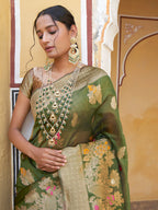 Janasya Mehendi Green Organza Woven Ethnic Kanjeevaram Saree | Grocsy