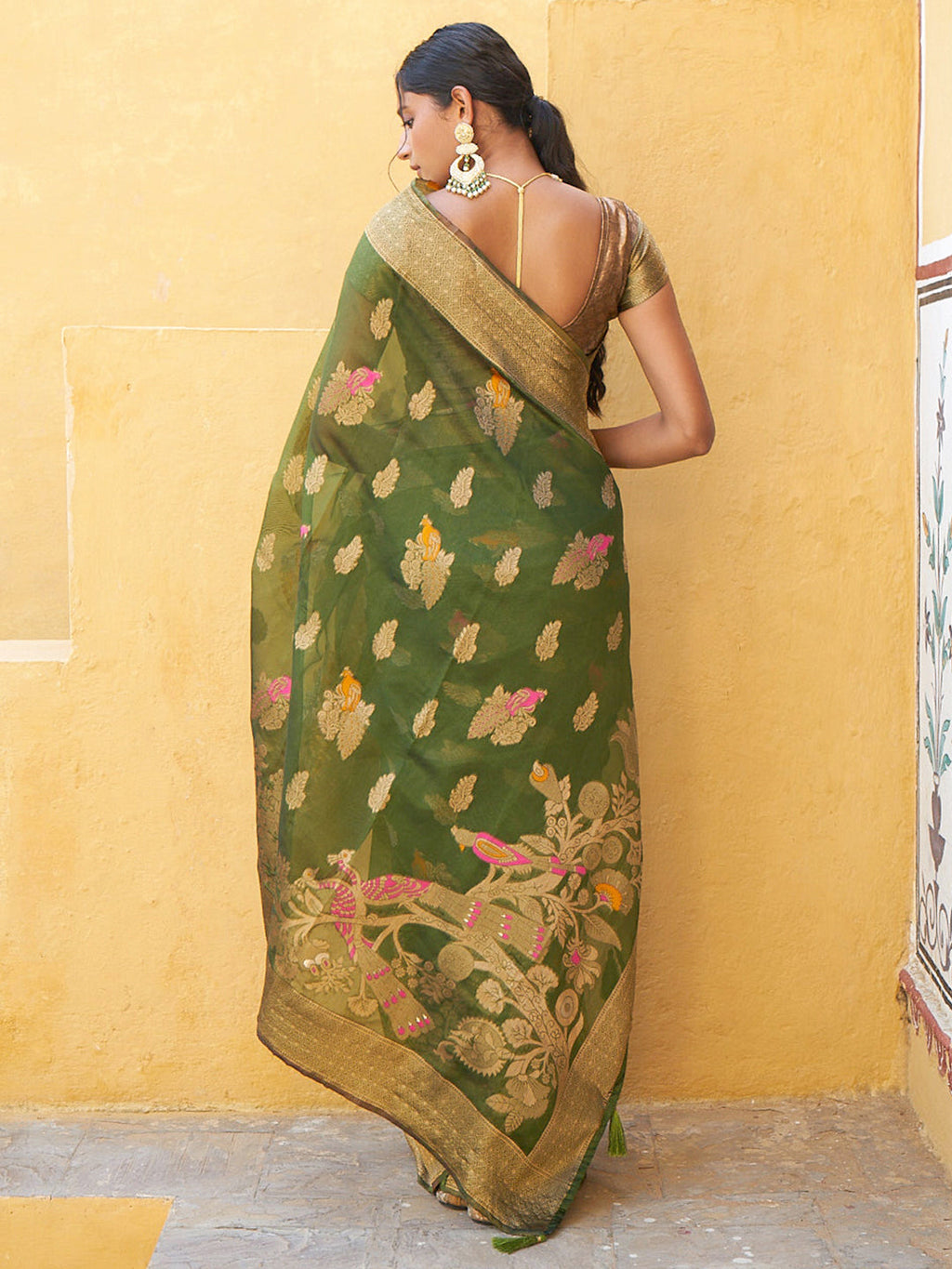 Janasya Mehendi Green Organza Woven Ethnic Kanjeevaram Saree | Grocsy