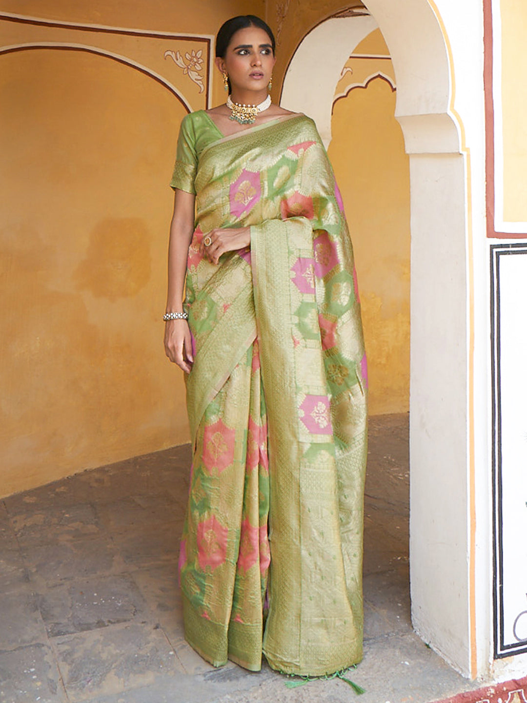 Janasya Light Green Chanderi Silk Ethnic Motifs Woven Design Saree | Grocsy