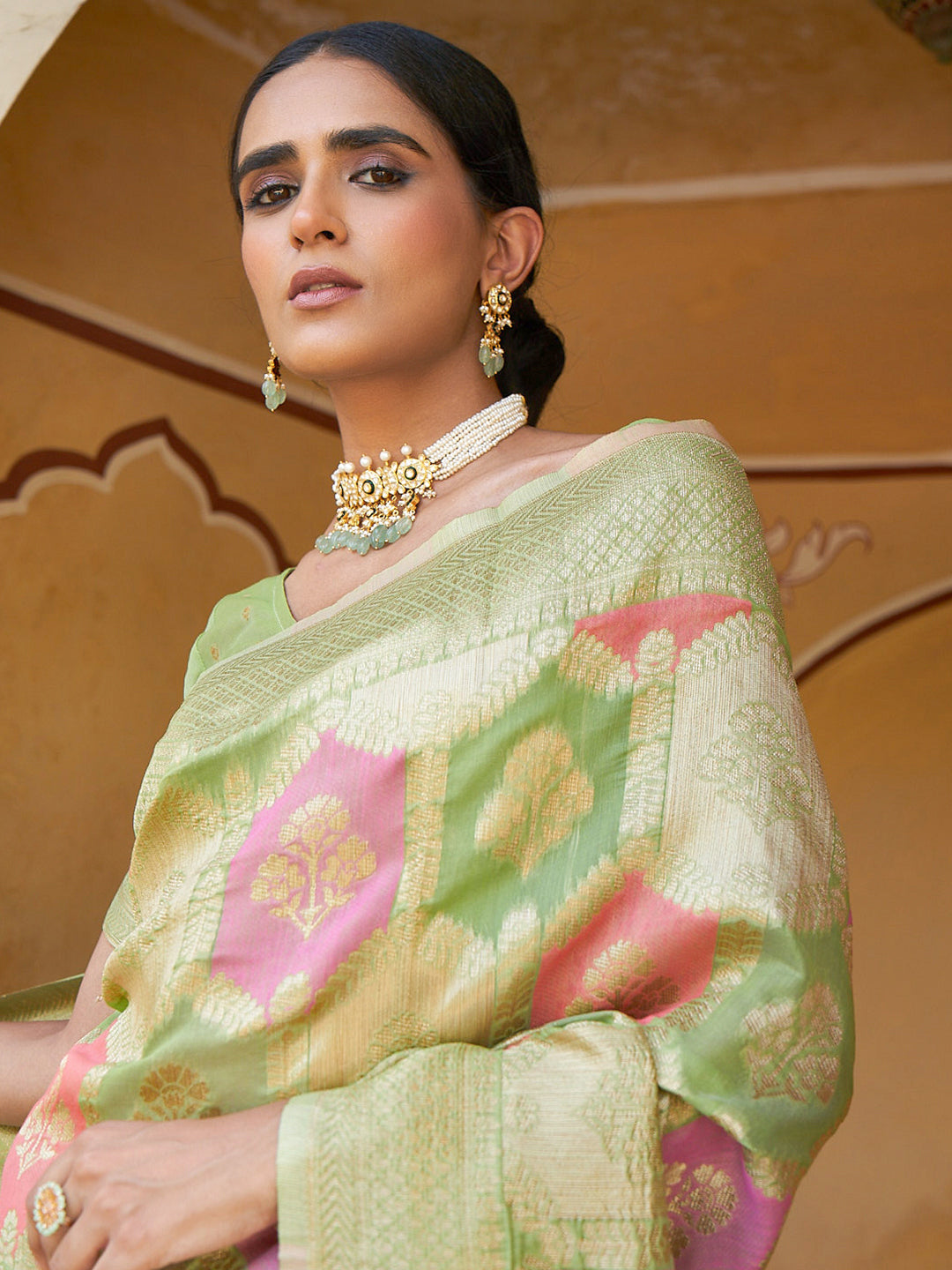 Janasya Light Green Chanderi Silk Ethnic Motifs Woven Design Saree | Grocsy