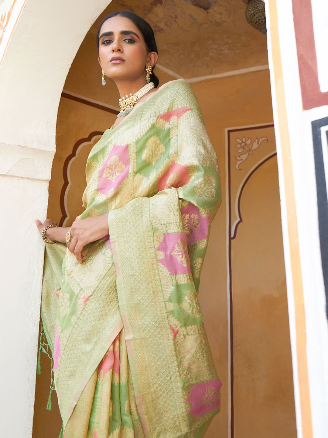 Janasya Light Green Chanderi Silk Ethnic Motifs Woven Design Saree | Grocsy
