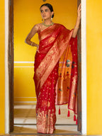 Janasya Red Organza Woven Leheriya Kanjeevaram Saree | Grocsy