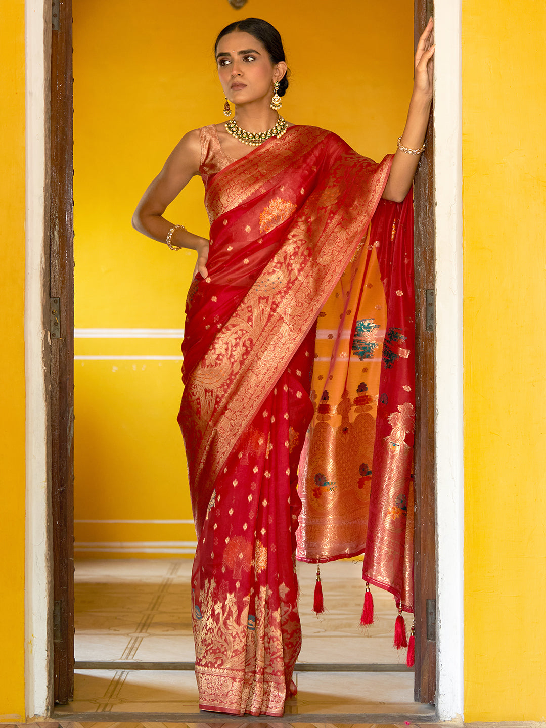 Janasya Red Organza Woven Leheriya Kanjeevaram Saree | Grocsy