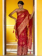 Janasya Red Organza Woven Leheriya Kanjeevaram Saree | Grocsy