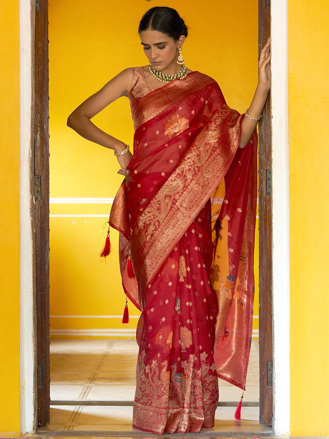 Janasya Red Organza Woven Leheriya Kanjeevaram Saree | Grocsy