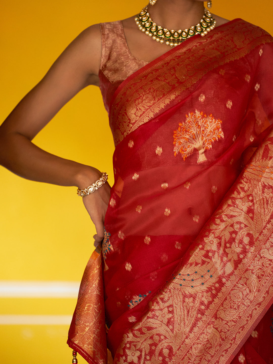 Janasya Red Organza Woven Leheriya Kanjeevaram Saree | Grocsy