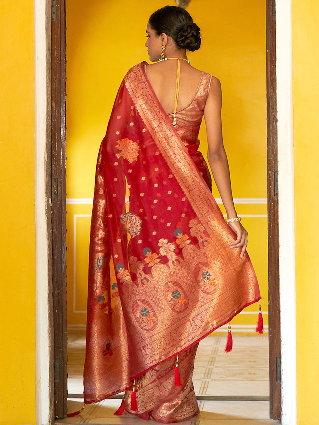 Janasya Red Organza Woven Leheriya Kanjeevaram Saree | Grocsy