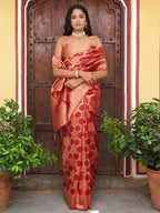 Janasya Red Organza Woven Ethnic Motifs Kanjeevaram Saree | Grocsy