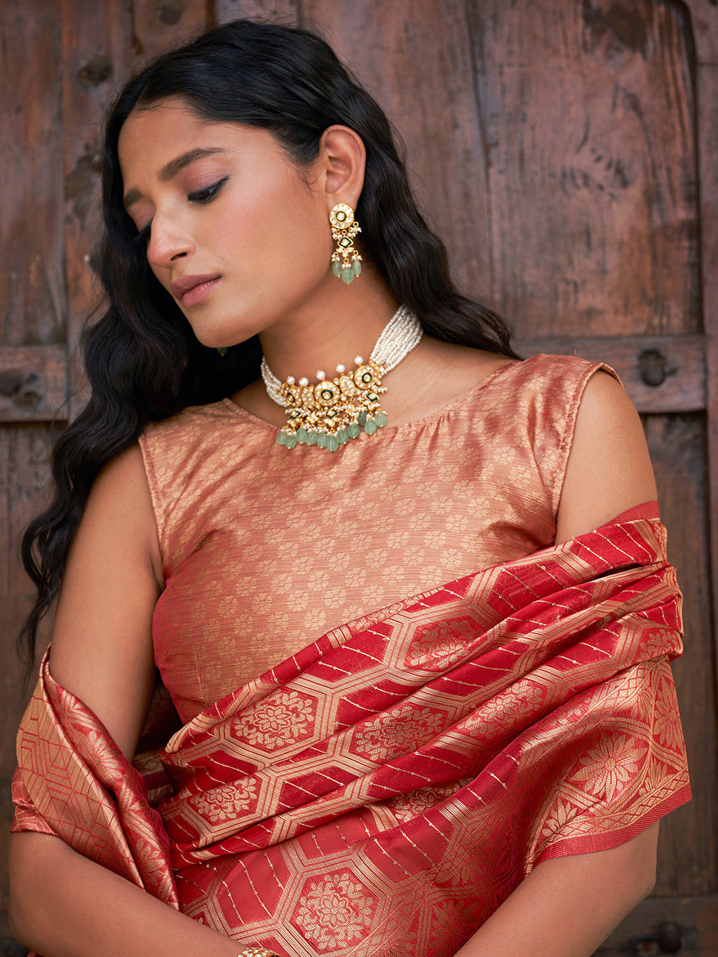 Janasya Red Organza Woven Ethnic Motifs Kanjeevaram Saree | Grocsy