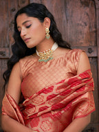 Janasya Red Organza Woven Ethnic Motifs Kanjeevaram Saree | Grocsy