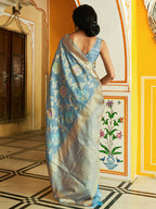 Janasya Grey Banarasi Silk Woven Floral Design Banarasi Saree | Grocsy