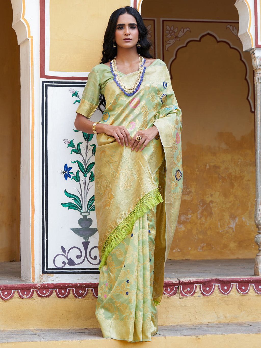 Janasya Light Green Banarasi Silk Woven Floral Design Banarasi Saree | Grocsy
