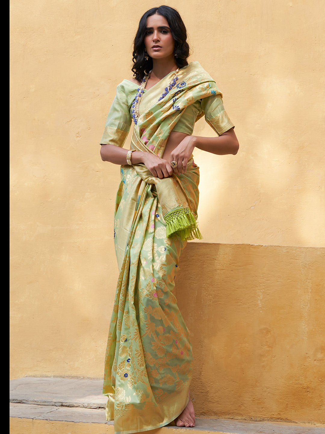 Janasya Light Green Banarasi Silk Woven Floral Design Banarasi Saree | Grocsy