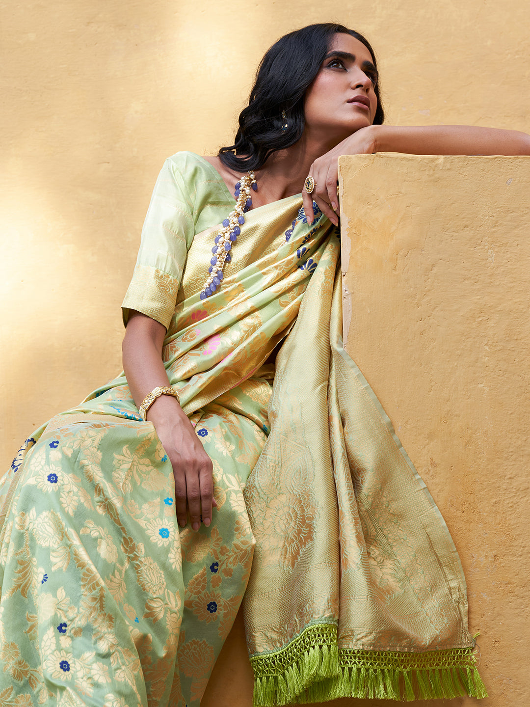 Janasya Light Green Banarasi Silk Woven Floral Design Banarasi Saree | Grocsy