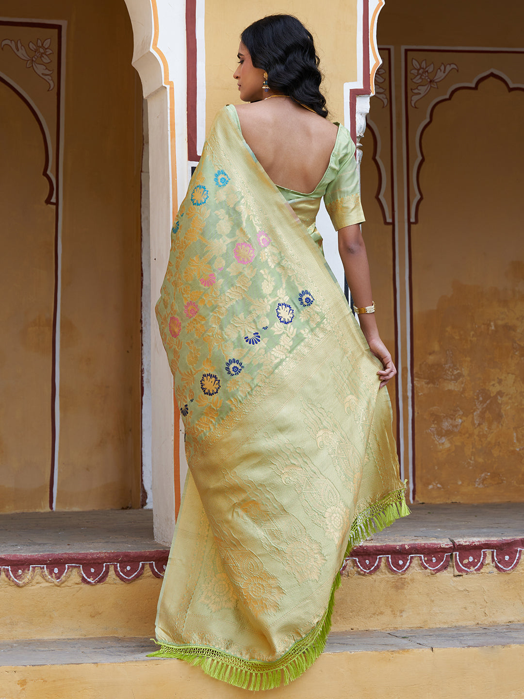 Janasya Light Green Banarasi Silk Woven Floral Design Banarasi Saree | Grocsy