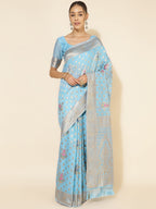 Janasya Sky Blue Chanderi Silk Ethnic Motifs Woven Design Saree | Grocsy