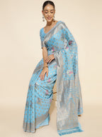 Janasya Sky Blue Chanderi Silk Ethnic Motifs Woven Design Saree | Grocsy