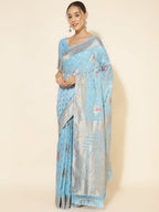 Janasya Sky Blue Chanderi Silk Ethnic Motifs Woven Design Saree | Grocsy