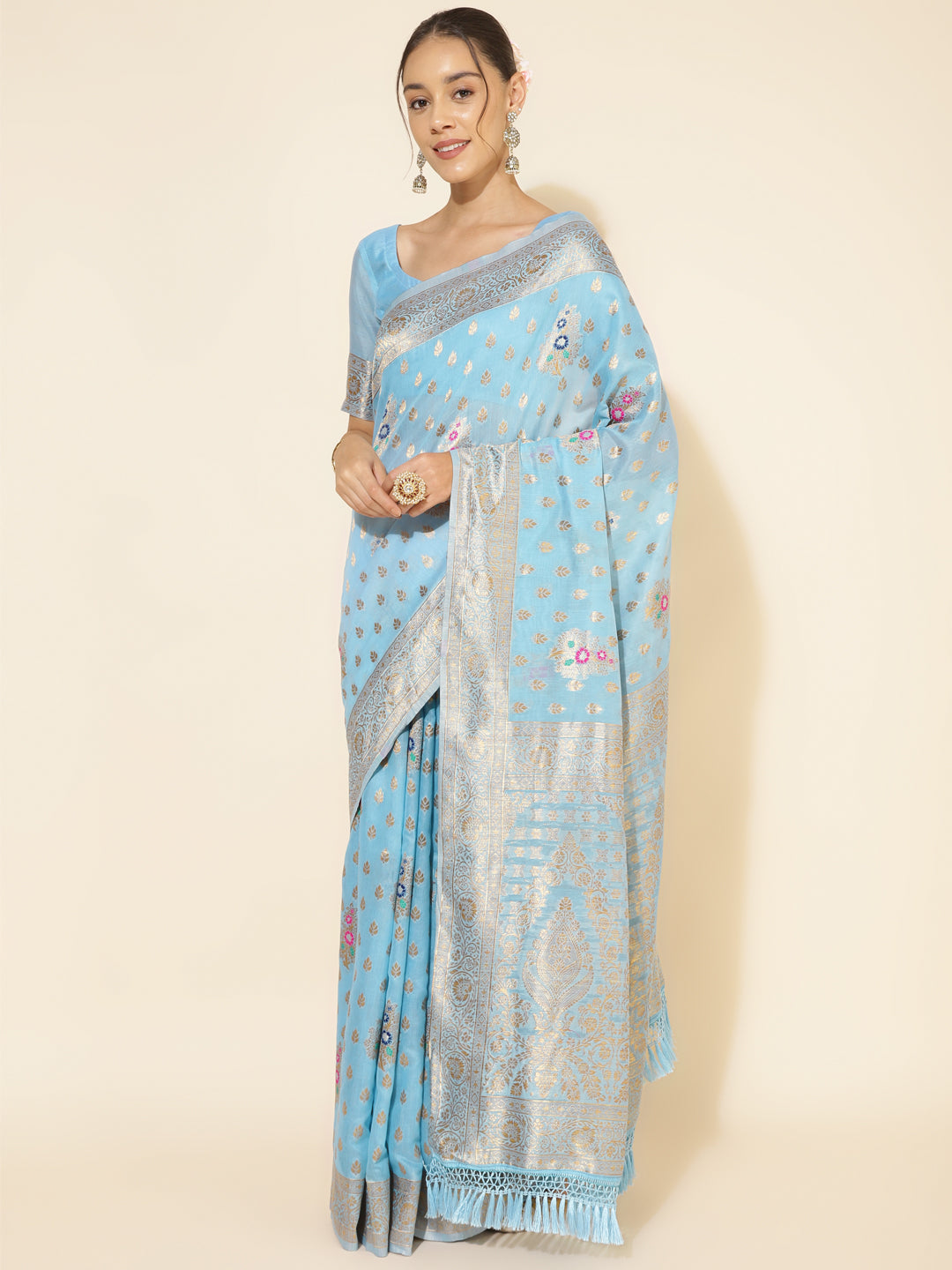 Janasya Sky Blue Chanderi Silk Ethnic Motifs Woven Design Saree | Grocsy