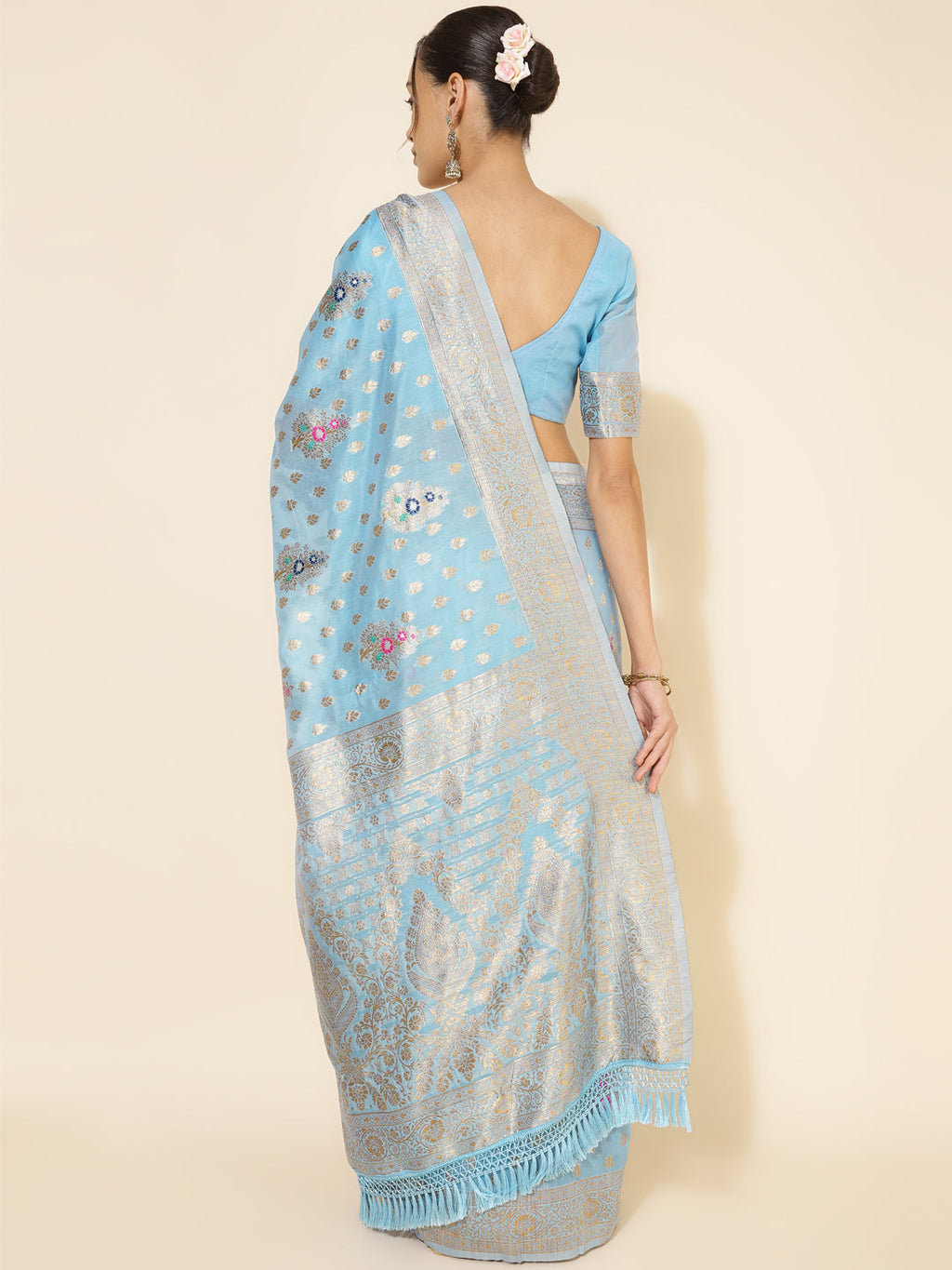 Janasya Sky Blue Chanderi Silk Ethnic Motifs Woven Design Saree | Grocsy